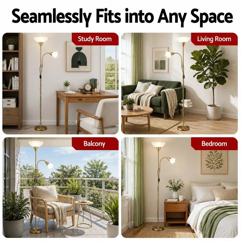 Gold Floor Lamp with Reading Light Adjustable Gooseneck Dual Head Standing Lamp
