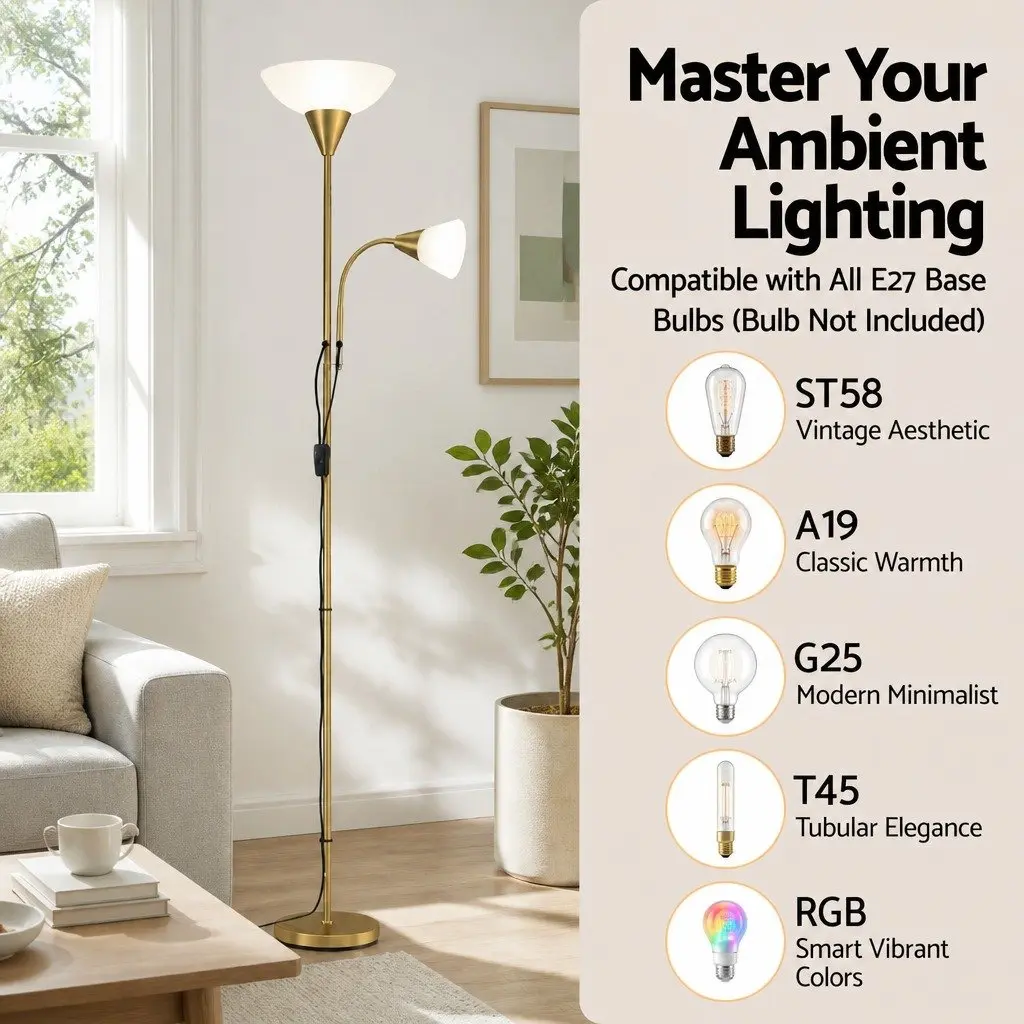 Gold Floor Lamp with Reading Light Adjustable Gooseneck Dual Head Standing Lamp