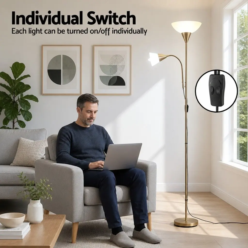 Gold Floor Lamp with Reading Light Adjustable Gooseneck Dual Head Standing Lamp