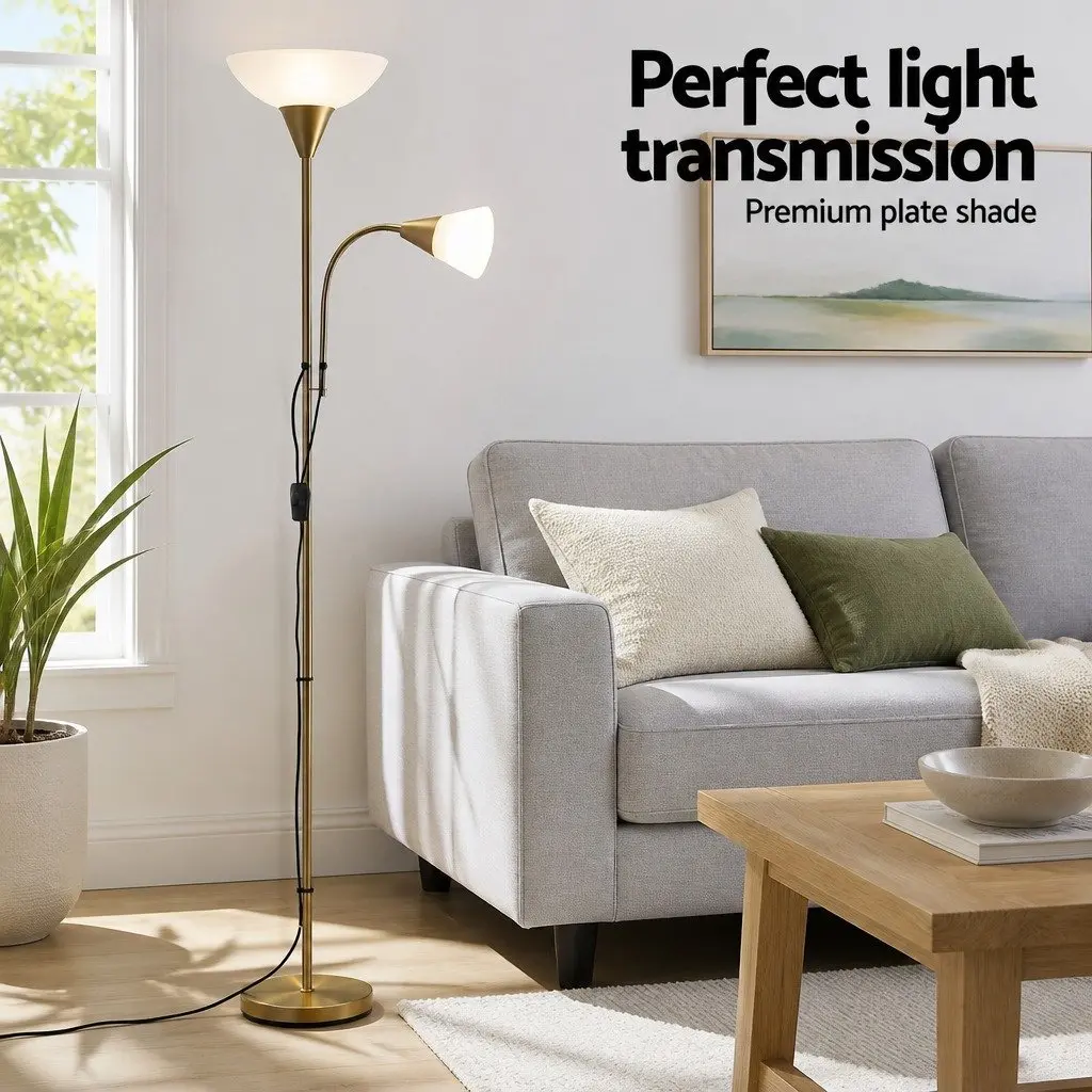 Gold Floor Lamp with Reading Light Adjustable Gooseneck Dual Head Standing Lamp