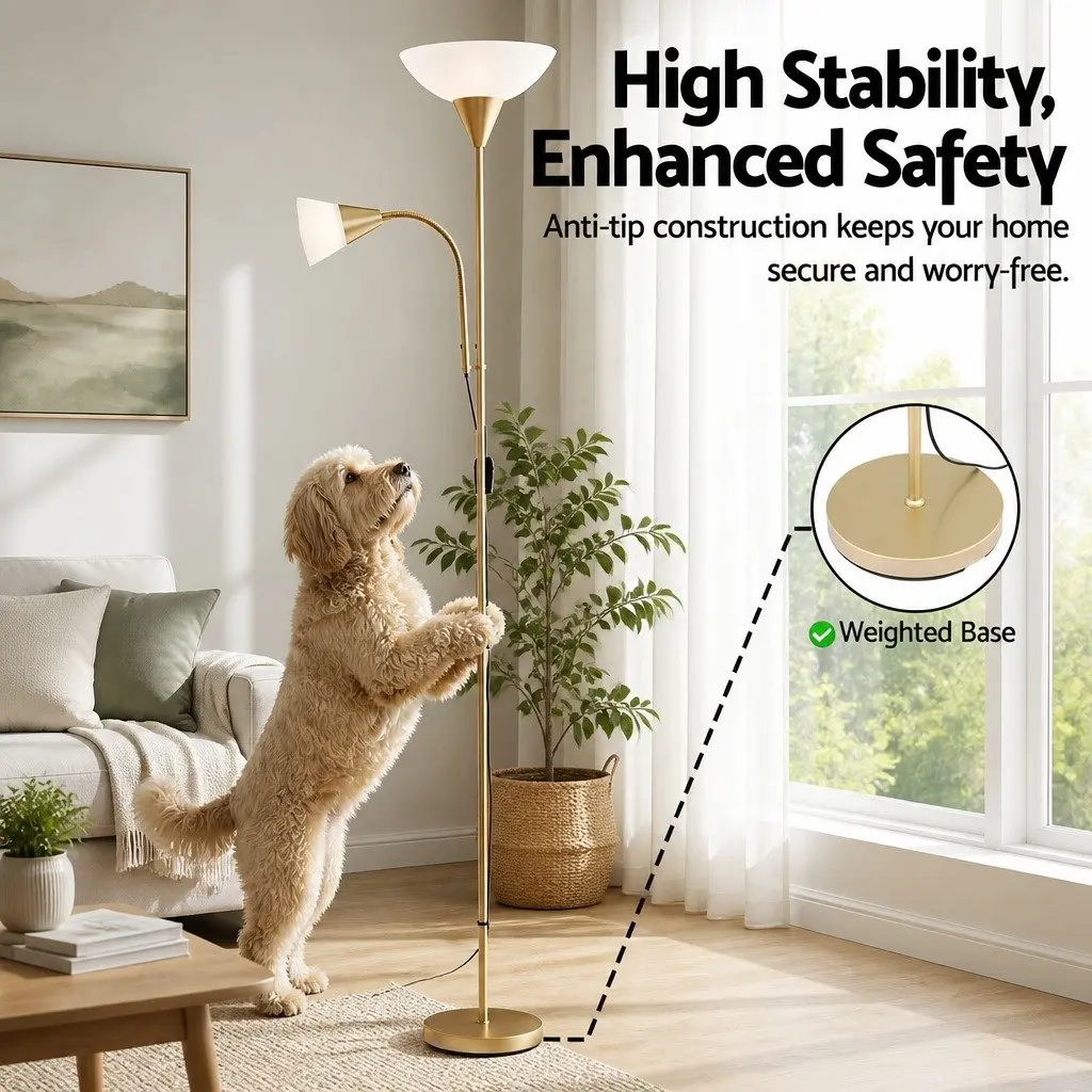 Gold Floor Lamp with Reading Light Adjustable Gooseneck Dual Head Standing Lamp