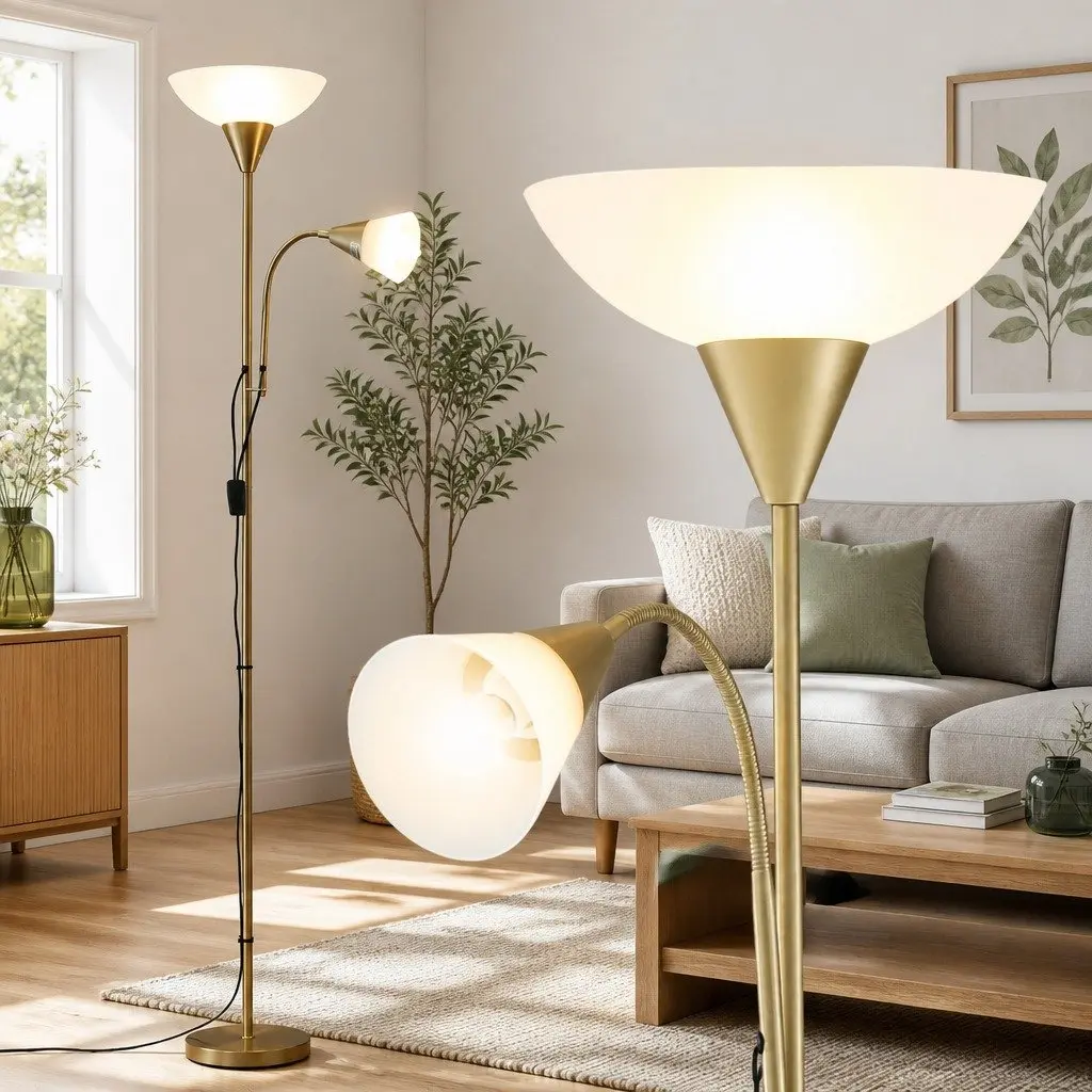 Gold Floor Lamp with Reading Light Adjustable Gooseneck Dual Head Standing Lamp