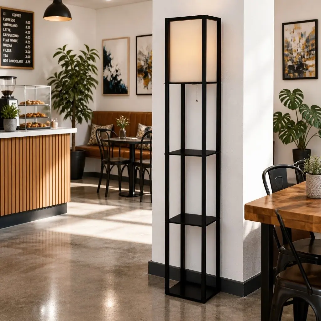 Floor Lamp with 3 Tier Shelf Storage Stand LED Light Vintage Black Home Room