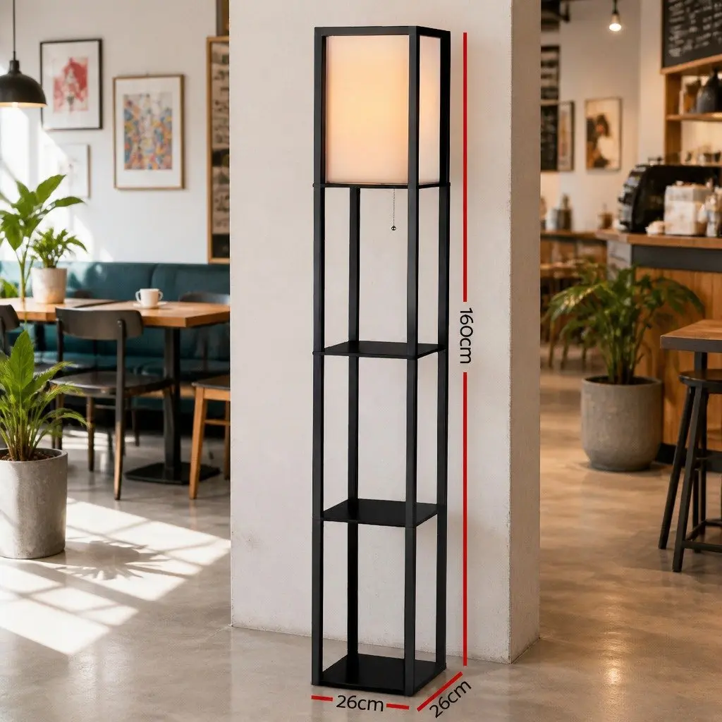 Floor Lamp with 3 Tier Shelf Storage Stand LED Light Vintage Black Home Room