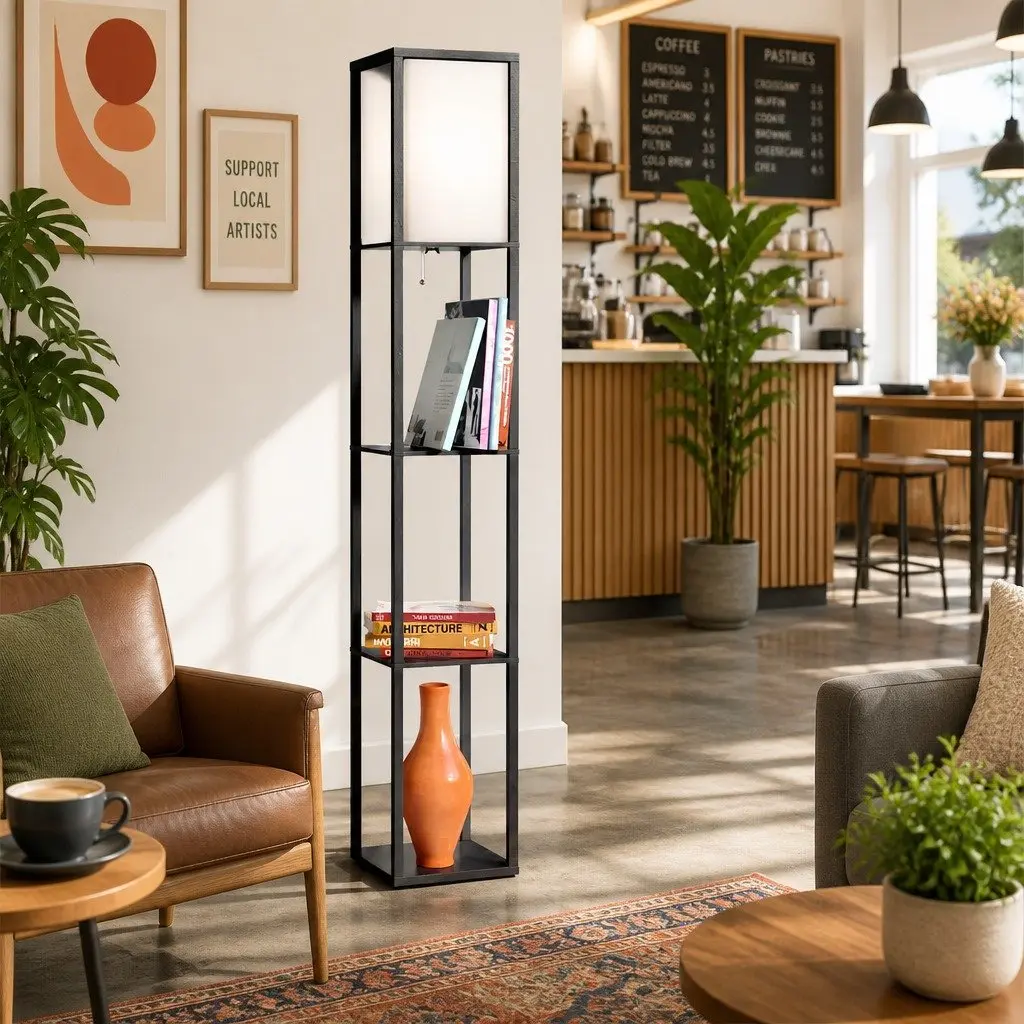 Floor Lamp with 3 Tier Shelf Storage Stand LED Light Vintage Black Home Room