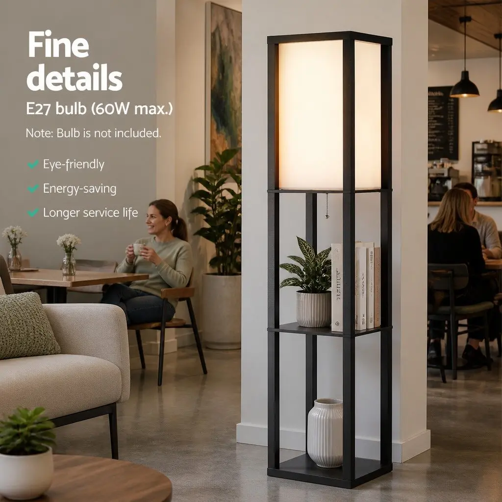 Floor Lamp with 3 Tier Shelf Storage Stand LED Light Vintage Black Home Room