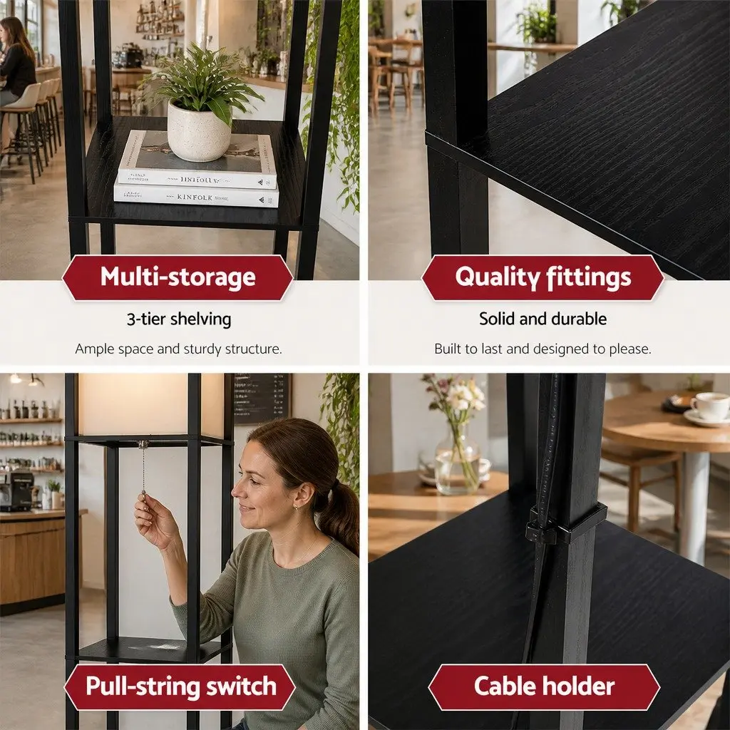 Floor Lamp with 3 Tier Shelf Storage Stand LED Light Vintage Black Home Room