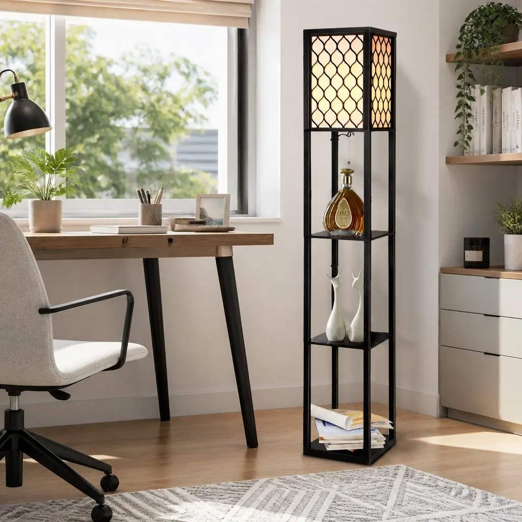 Black Floor Lamp with Three Shelves