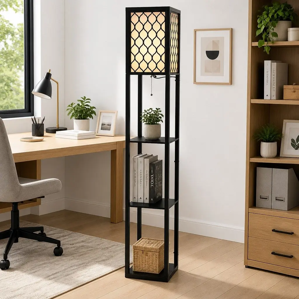 Black Floor Lamp with Three Shelves