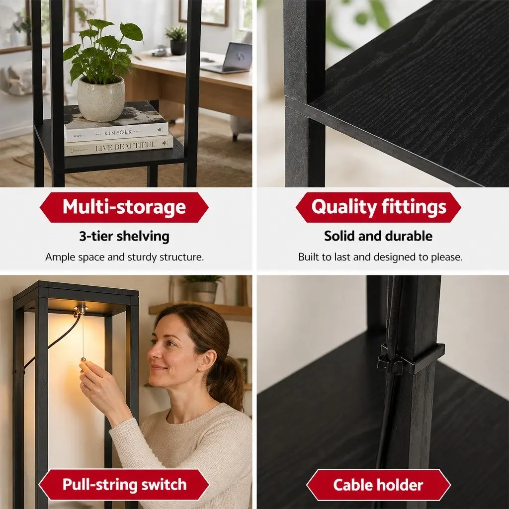 Black Floor Lamp with Three Shelves