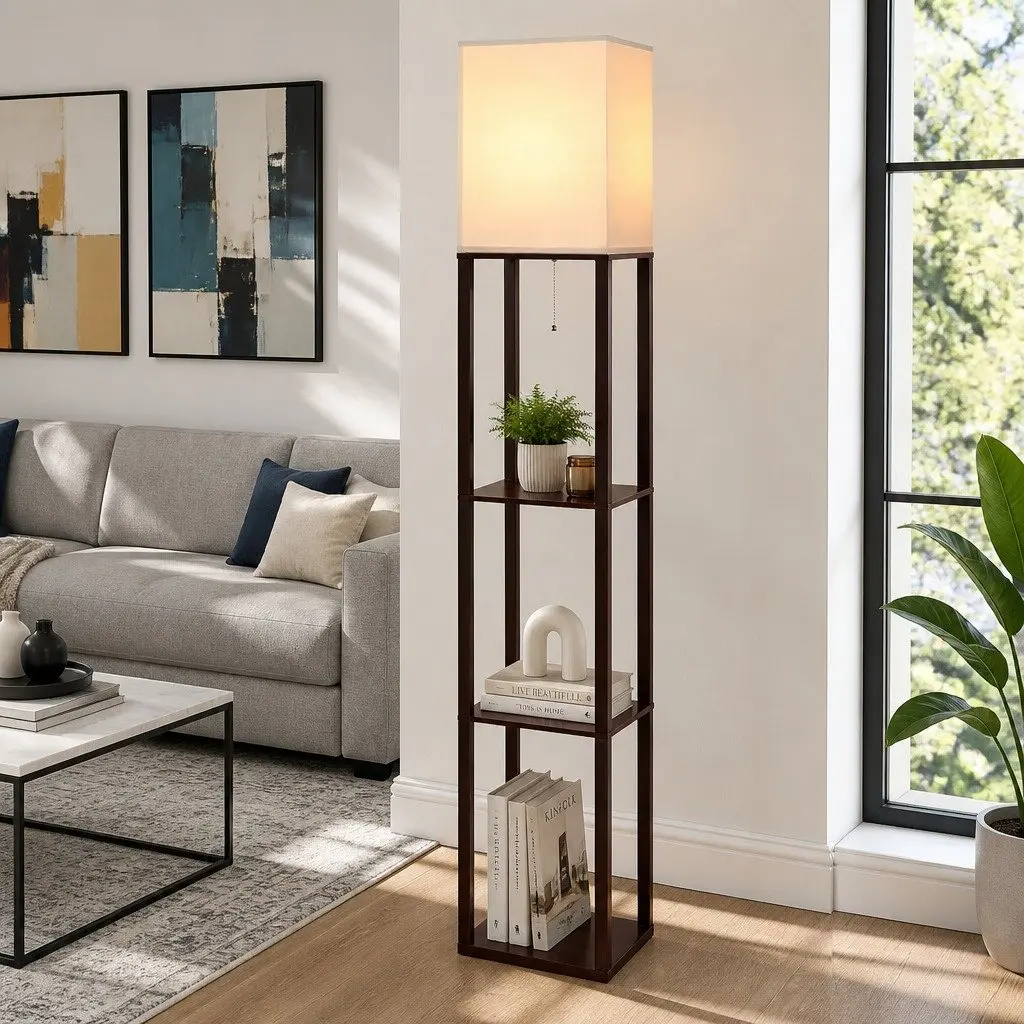 Floor Lamp with 3 Tier Shelf Storage LED Light Stand Vintage Design Home Room