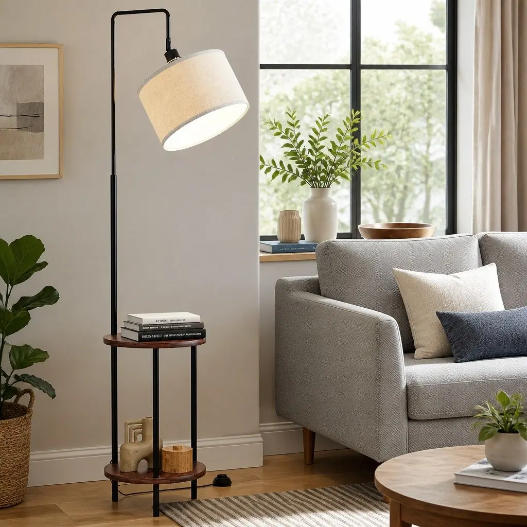 Floor Lamp with 2 Tier Shelf Storage LED Light Stand Adjustable Head Black