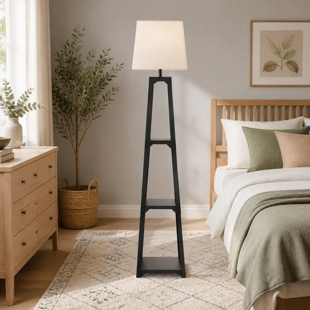Floor Lamp Black 3 Tier Shelf Storage E27 LED Stand for Living Room Bedroom