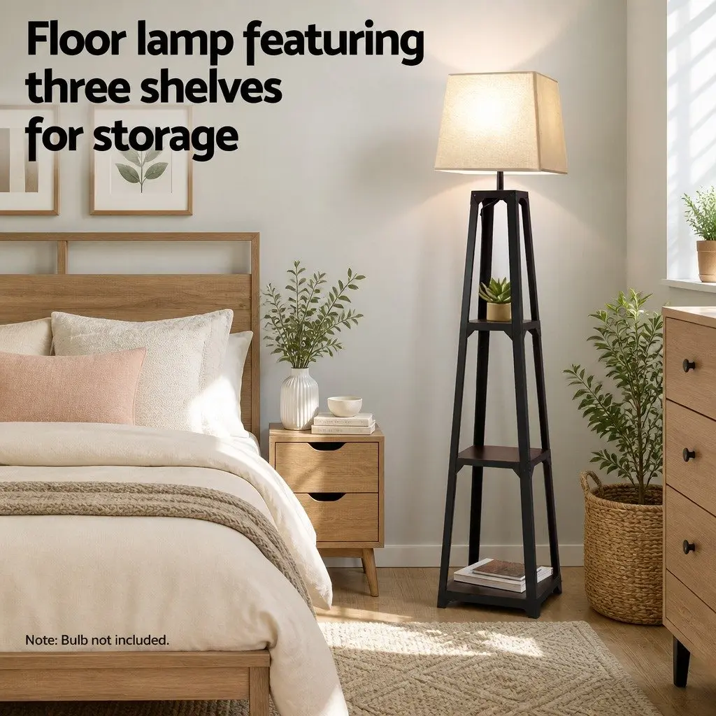 Floor Lamp Black 3 Tier Shelf Storage E27 LED Stand for Living Room Bedroom