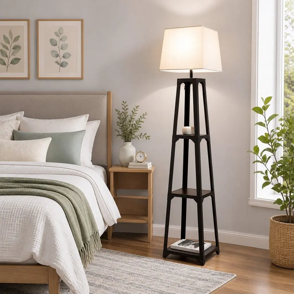 Floor Lamp Black 3 Tier Shelf Storage E27 LED Stand for Living Room Bedroom