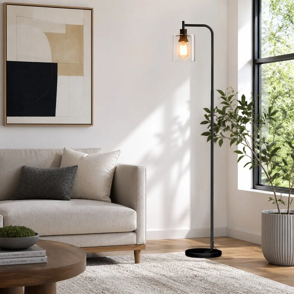Floor Lamp Light Stand Modern Glass Shade Reading Study Living Room Bedroom