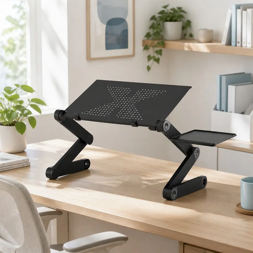 Laptop Stand Black Aluminium Foldable Portable Adjustable Height with Detachable Mouse Pad