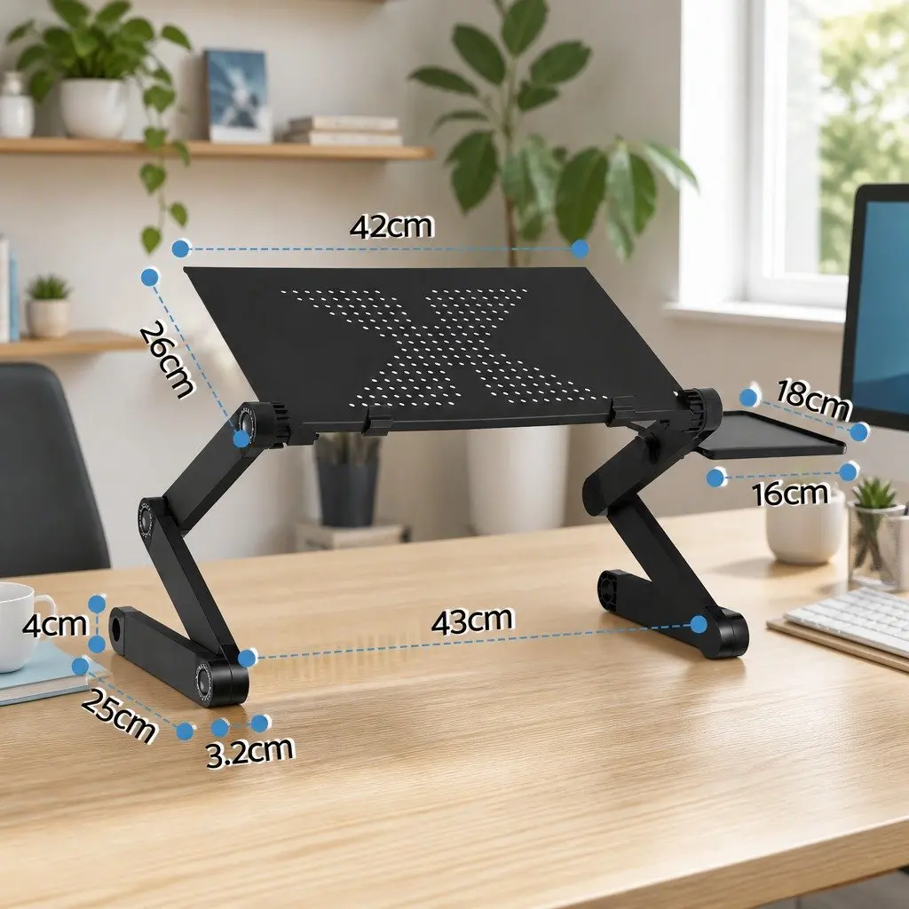 Laptop Stand Black Aluminium Foldable Portable Adjustable Height with Detachable Mouse Pad