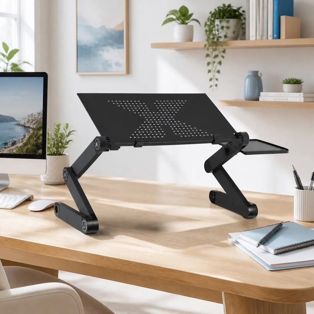 Laptop Stand Black Aluminium Foldable Portable Adjustable Height with Detachable Mouse Pad