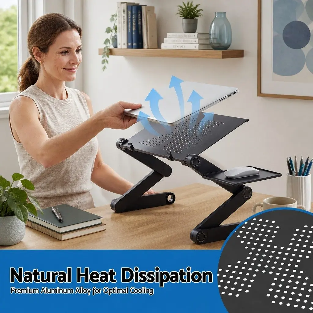 Laptop Stand Black Aluminium Foldable Portable Adjustable Height with Detachable Mouse Pad