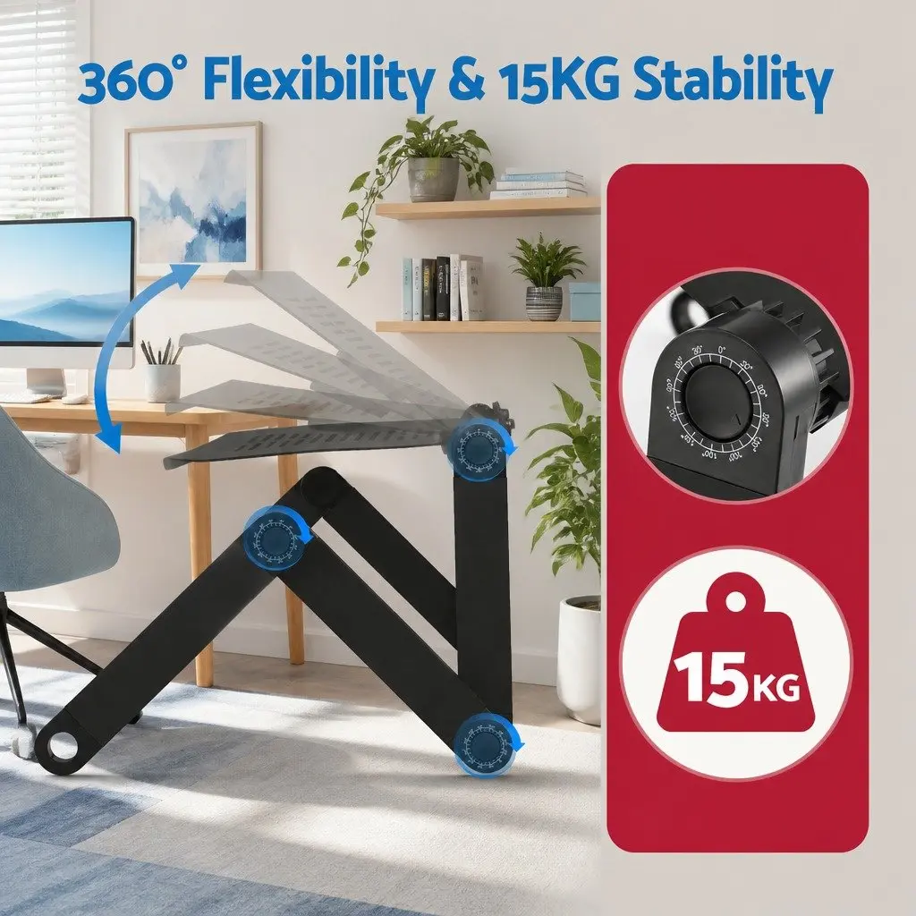 Laptop Stand Black Aluminium Foldable Portable Adjustable Height with Detachable Mouse Pad