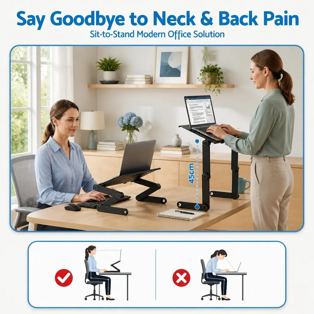 Laptop Stand Black Aluminium Foldable Portable Adjustable Height with Detachable Mouse Pad