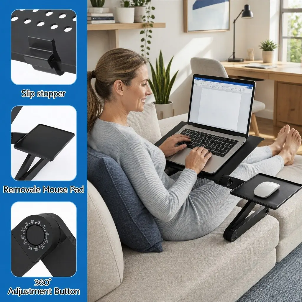 Laptop Stand Black Aluminium Foldable Portable Adjustable Height with Detachable Mouse Pad