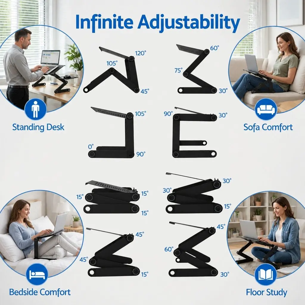Laptop Stand Black Aluminium Foldable Portable Adjustable Height with Detachable Mouse Pad