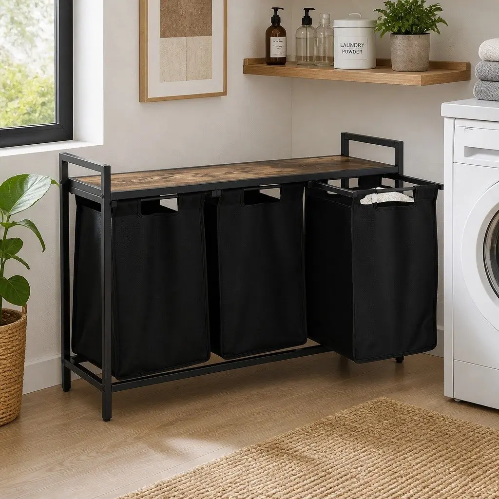 Laundry Basket Black 135L with 3 Pull-out Bags Metal Frame Storage Organiser