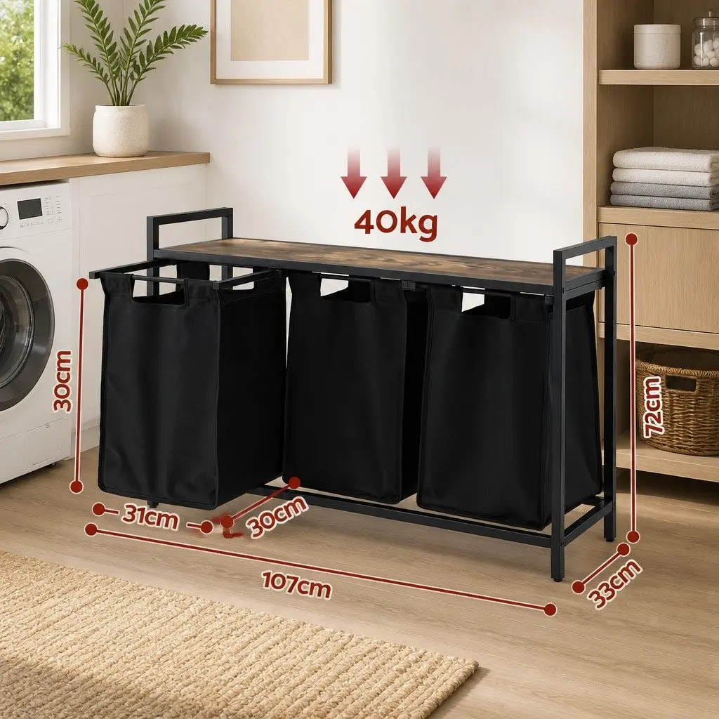 Laundry Basket Black 135L with 3 Pull-out Bags Metal Frame Storage Organiser