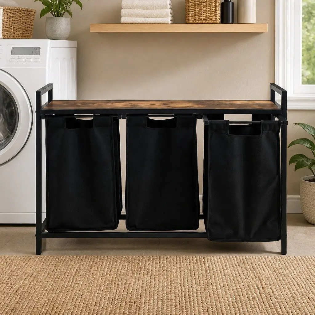 Laundry Basket Black 135L with 3 Pull-out Bags Metal Frame Storage Organiser