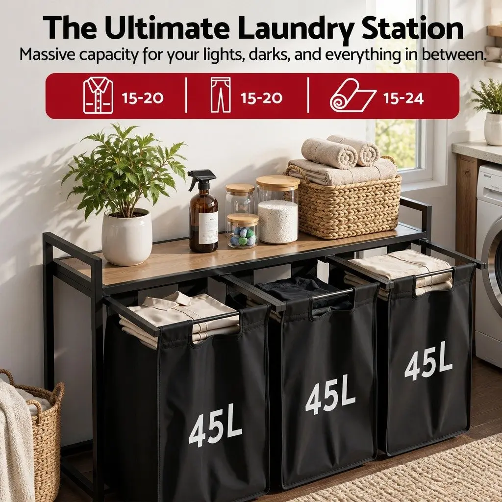 Laundry Basket Black 135L with 3 Pull-out Bags Metal Frame Storage Organiser