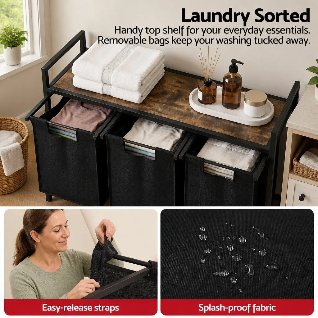 Laundry Basket Black 135L with 3 Pull-out Bags Metal Frame Storage Organiser
