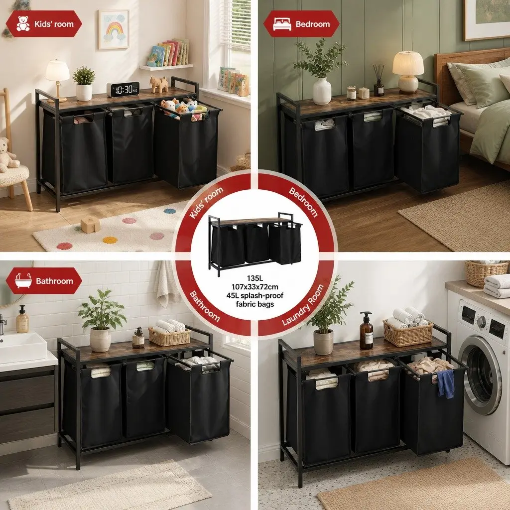 Laundry Basket Black 135L with 3 Pull-out Bags Metal Frame Storage Organiser