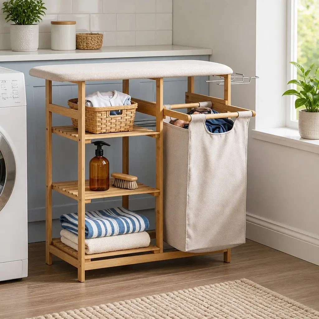 Bamboo Laundry Basket with Shelves and Ironing Board