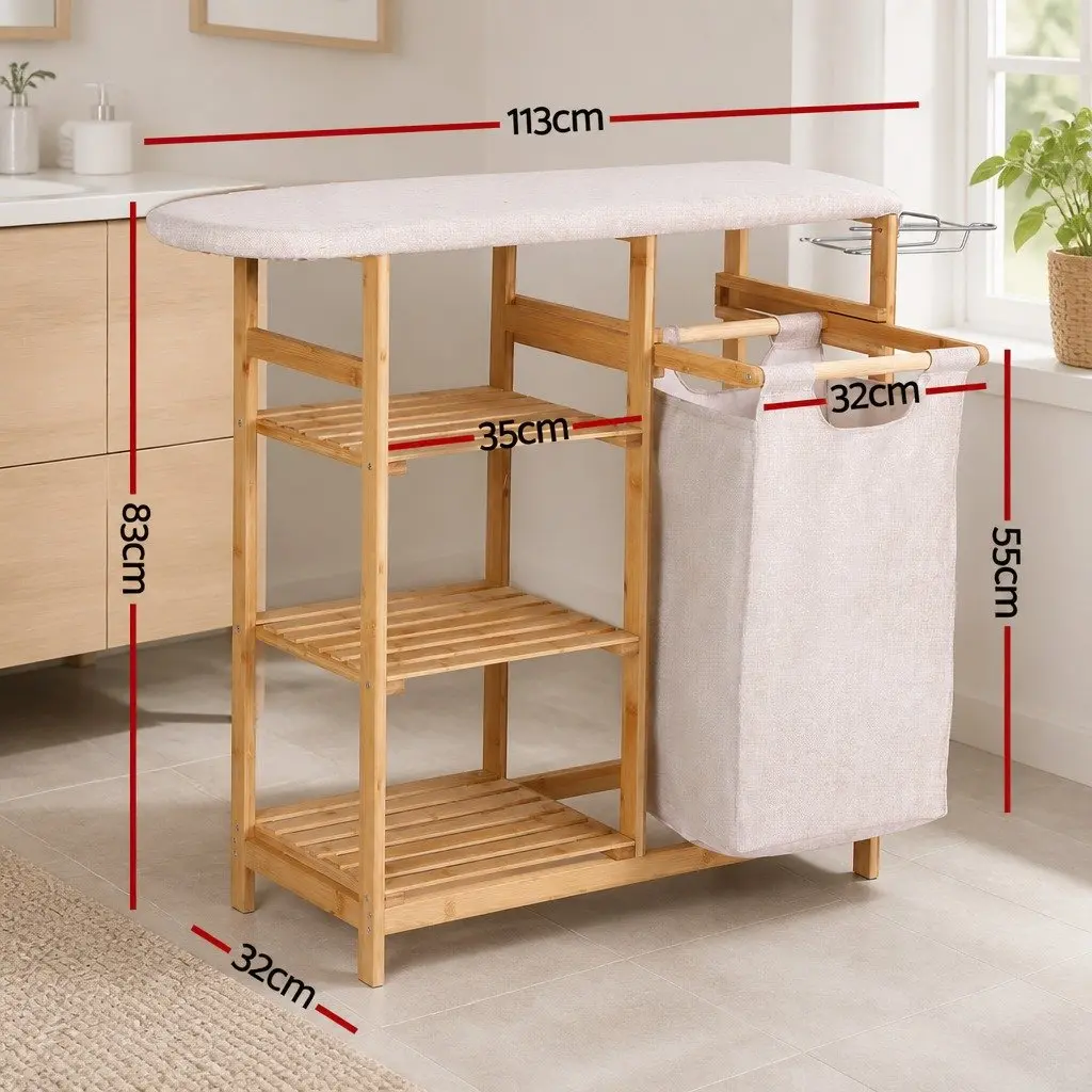 Laundry Basket Hamper Natural Bamboo with Ironing Board and 3 Storage Shelves 38L Capacity