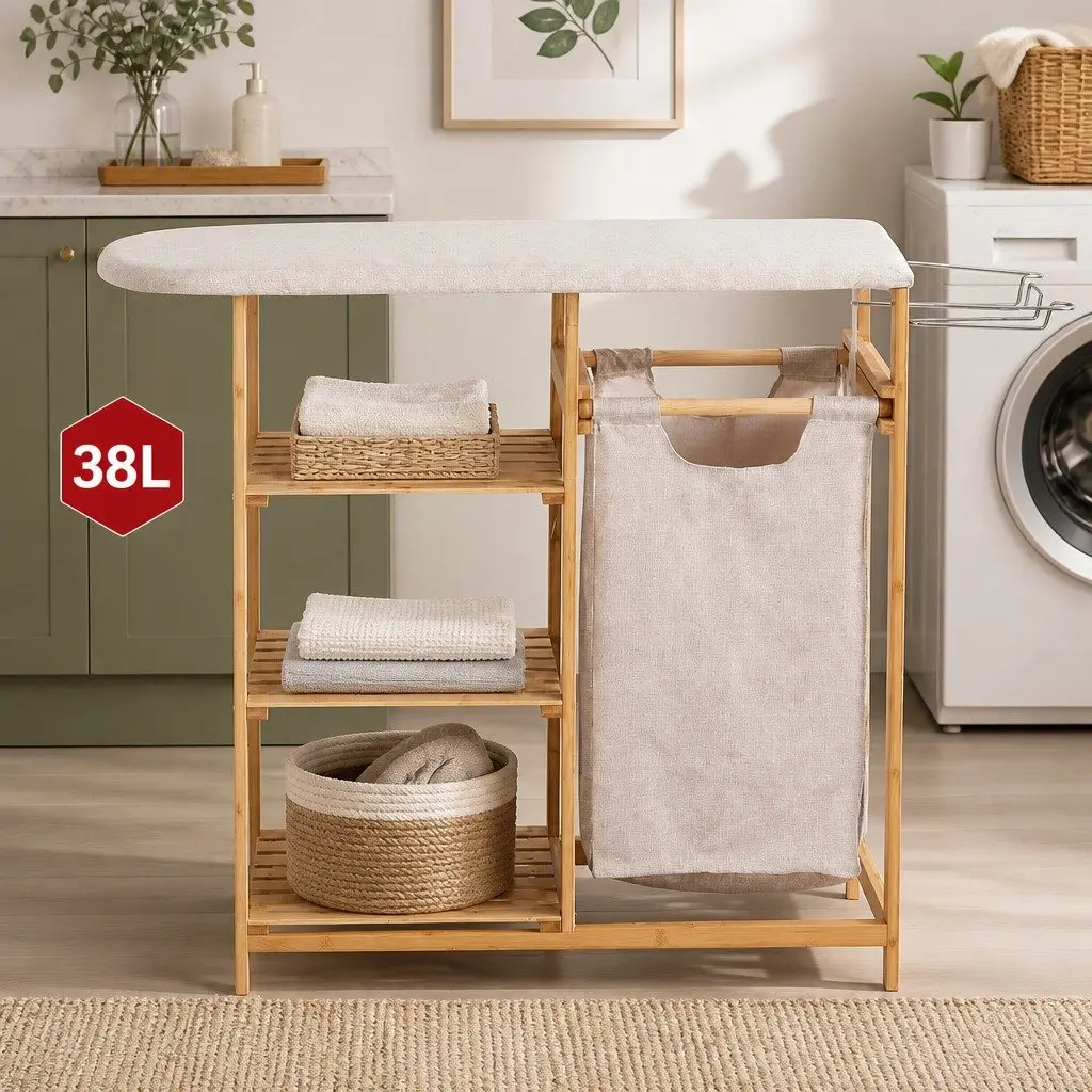 Laundry Basket Hamper Natural Bamboo with Ironing Board and 3 Storage Shelves 38L Capacity