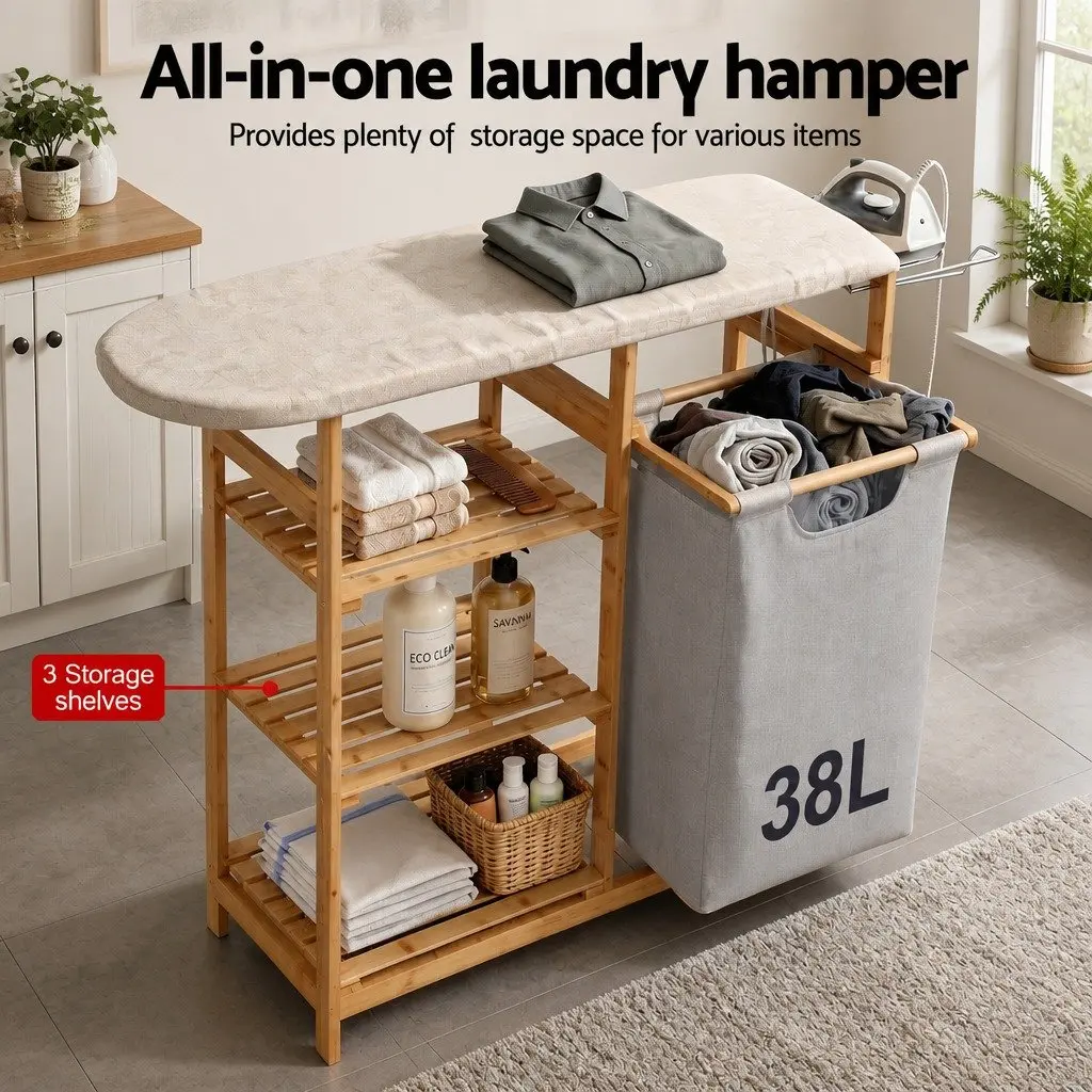 Laundry Basket Hamper Natural Bamboo with Ironing Board and 3 Storage Shelves 38L Capacity