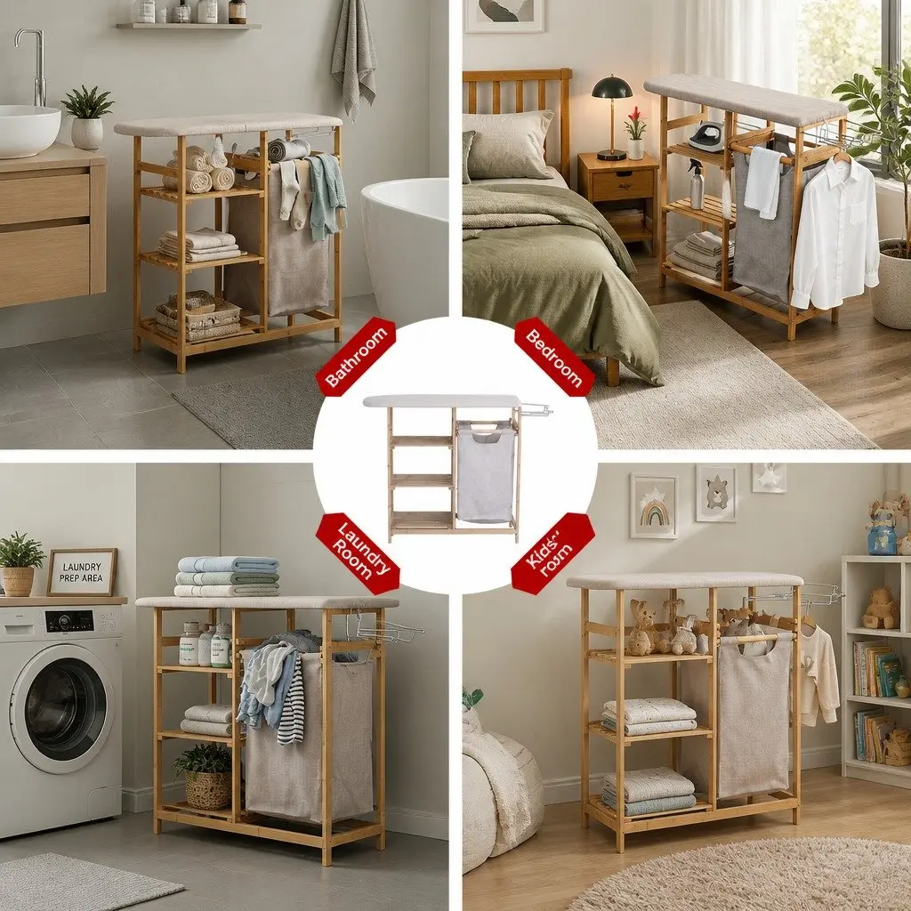 Laundry Basket Hamper Natural Bamboo with Ironing Board and 3 Storage Shelves 38L Capacity