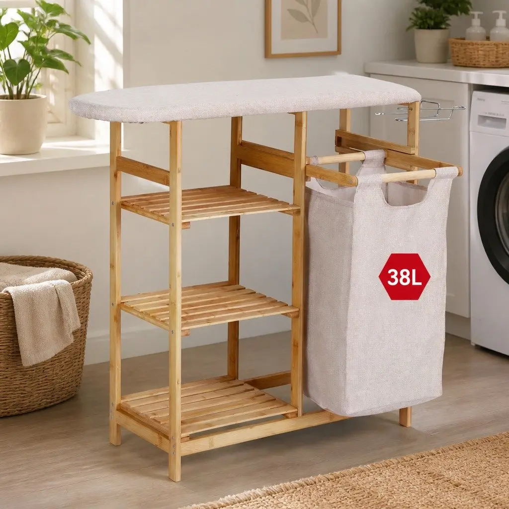 Laundry Basket Hamper Natural Bamboo with Ironing Board and 3 Storage Shelves 38L Capacity