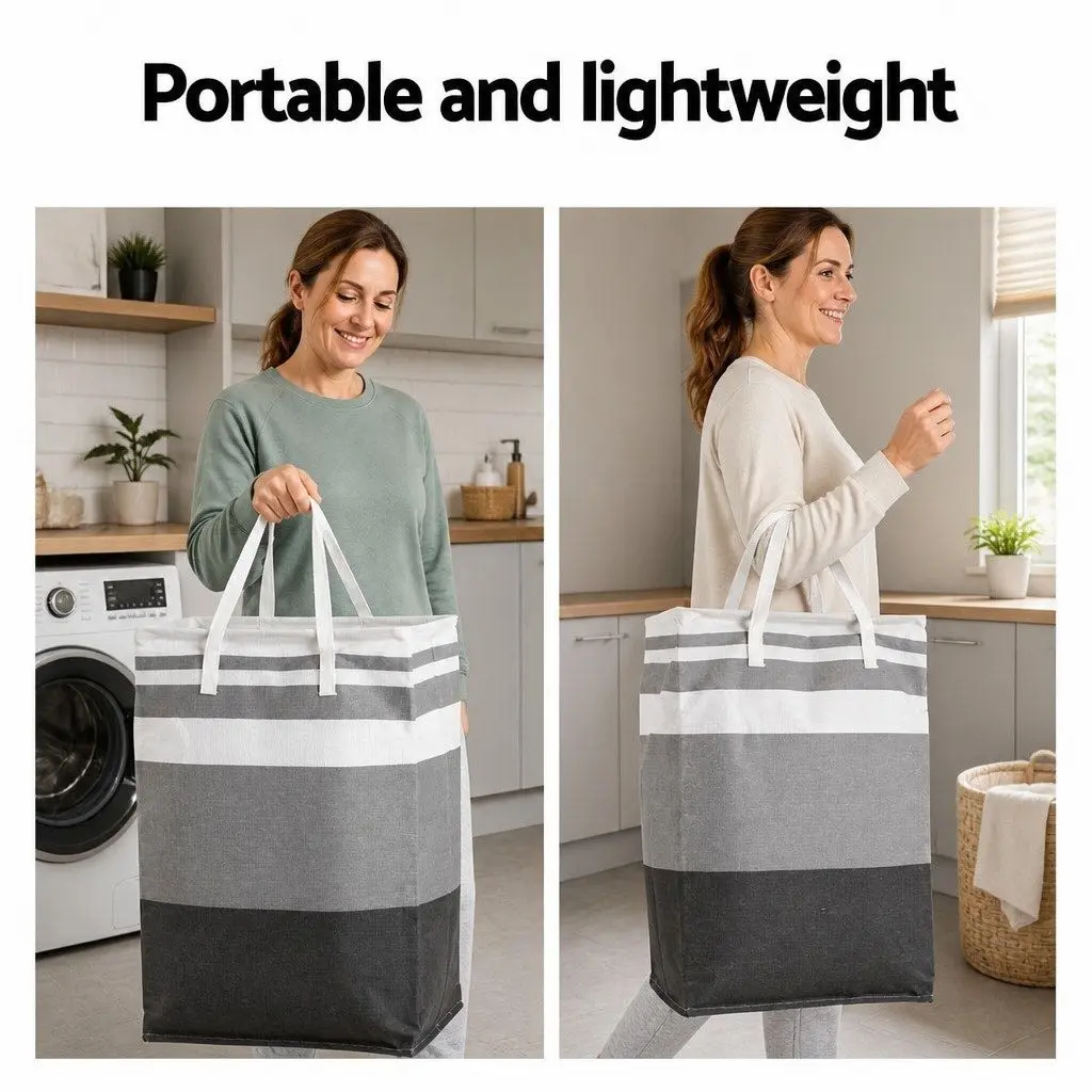Foldable Laundry Basket Grey 40cm x 30cm x 59cm Lightweight with Carry Handles Set of 2