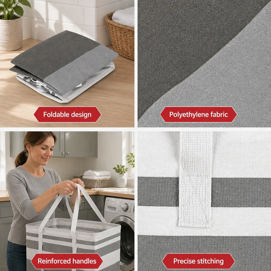 Foldable Laundry Basket Grey 40cm x 30cm x 59cm Lightweight with Carry Handles Set of 2