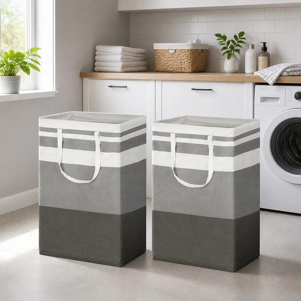 Foldable Laundry Basket Grey 40cm x 30cm x 59cm Lightweight with Carry Handles Set of 2