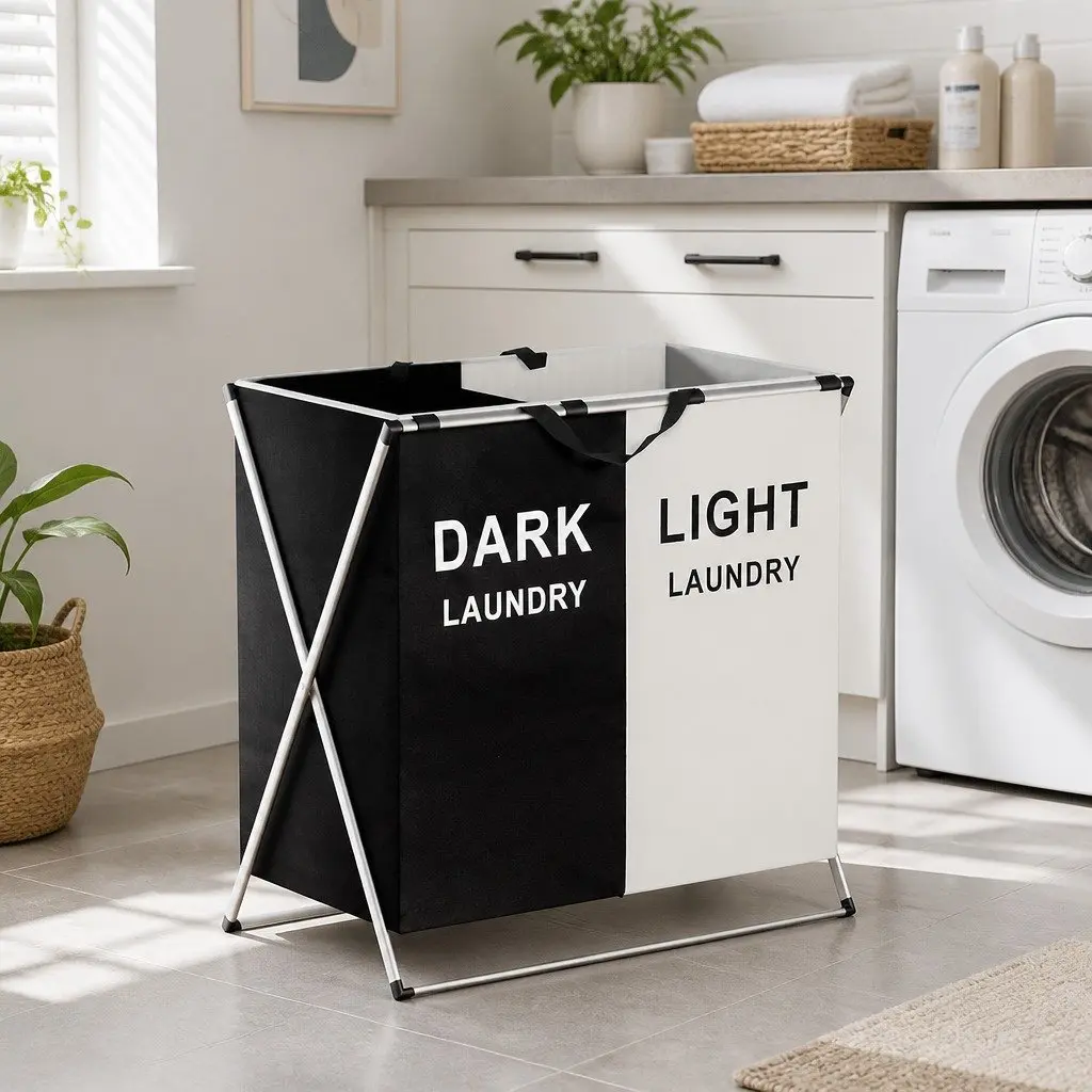 Foldable Laundry Basket with 2 Sections