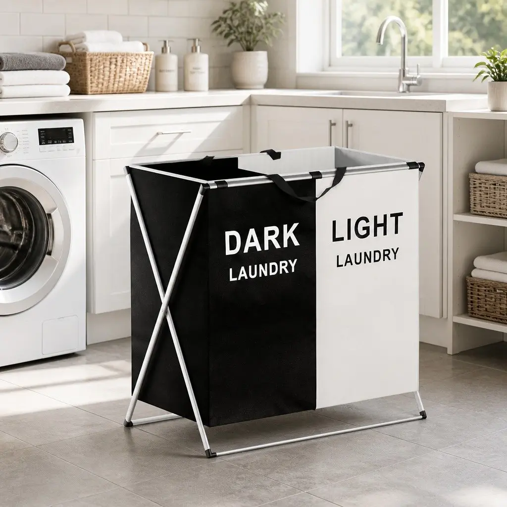 Foldable Laundry Basket Hamper Black White 2 Sections Large Capacity Sturdy Frame