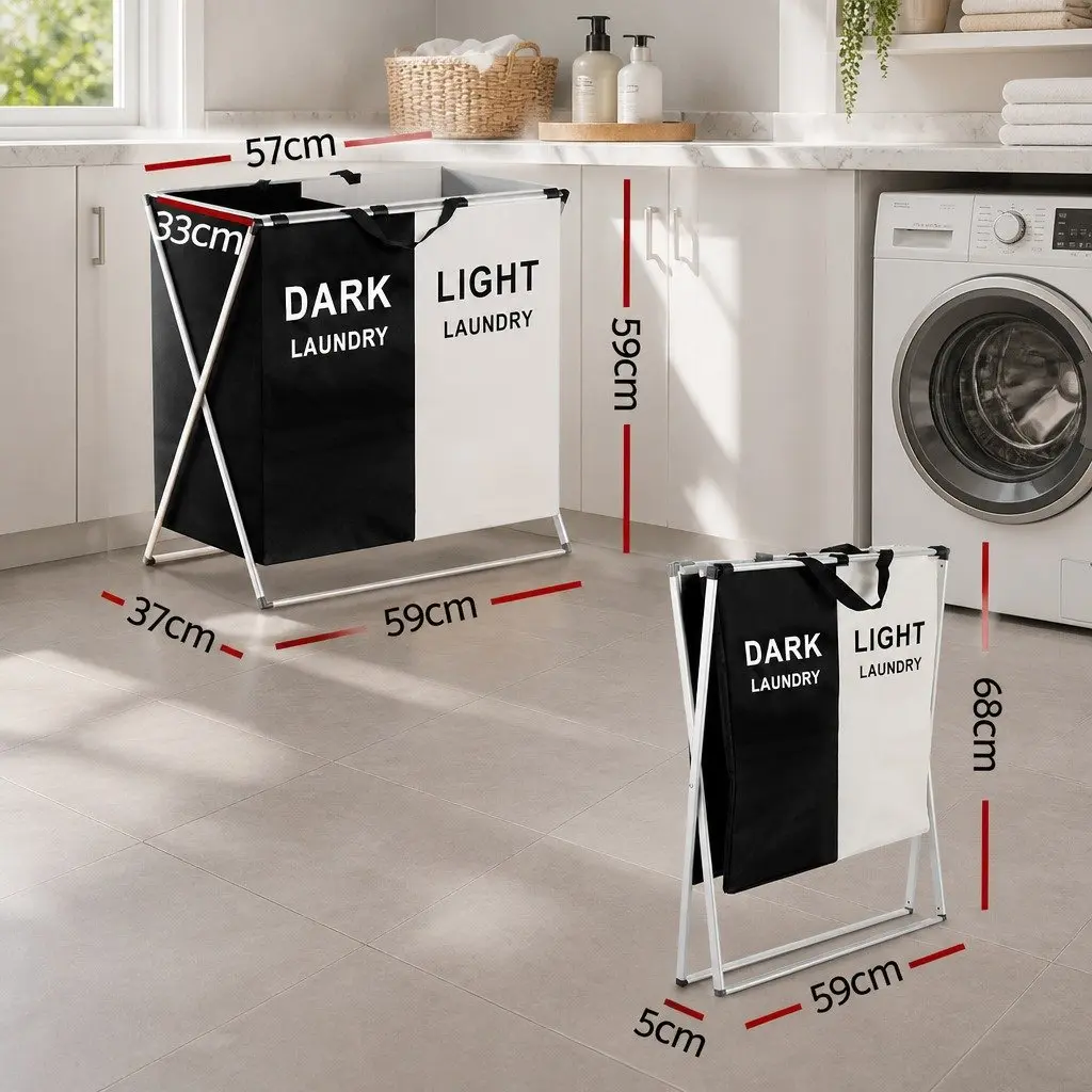 Foldable Laundry Basket Hamper Black White 2 Sections Large Capacity Sturdy Frame
