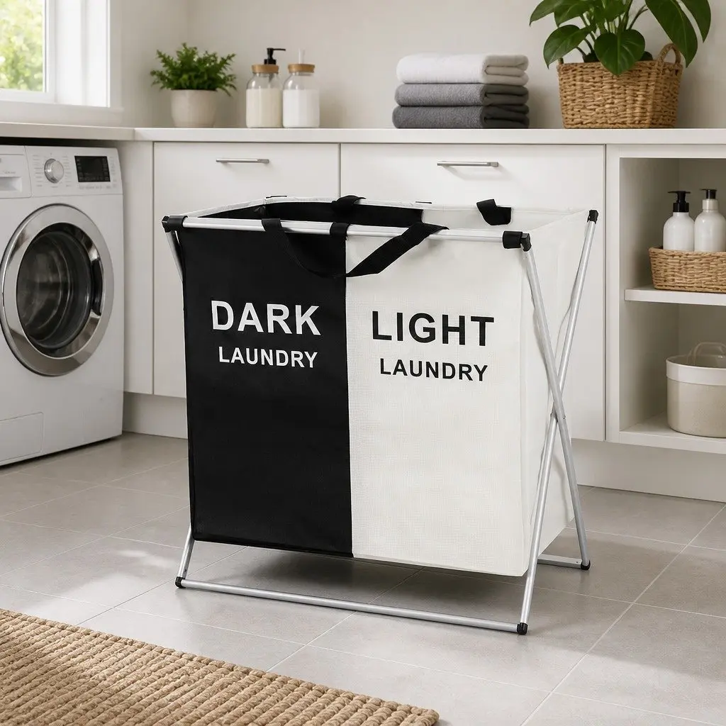 Foldable Laundry Basket Hamper Black White 2 Sections Large Capacity Sturdy Frame