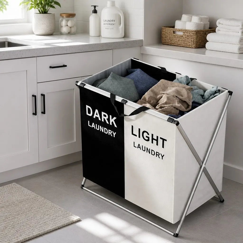 Foldable Laundry Basket Hamper Black White 2 Sections Large Capacity Sturdy Frame