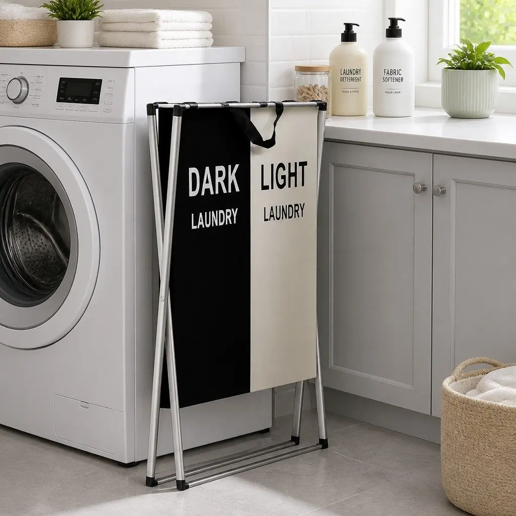 Foldable Laundry Basket Hamper Black White 2 Sections Large Capacity Sturdy Frame