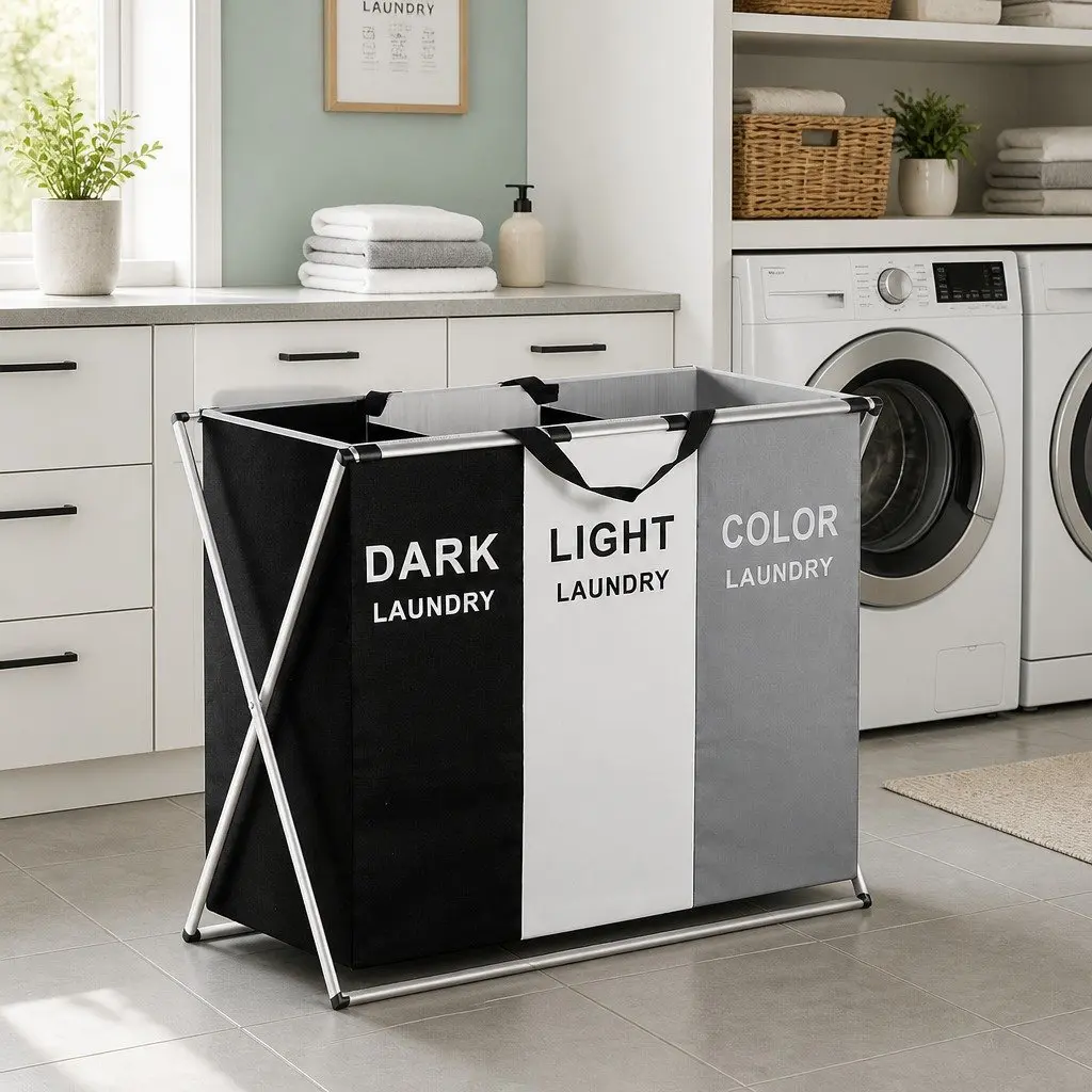 Laundry Basket Hamper Multicolour Large Foldable 3 Sections Clothes Storage Organiser
